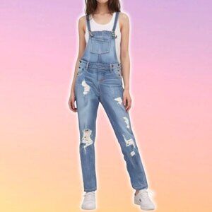 GUESS Distressed Tapered Leg Denim Overall Sz 23 Blue